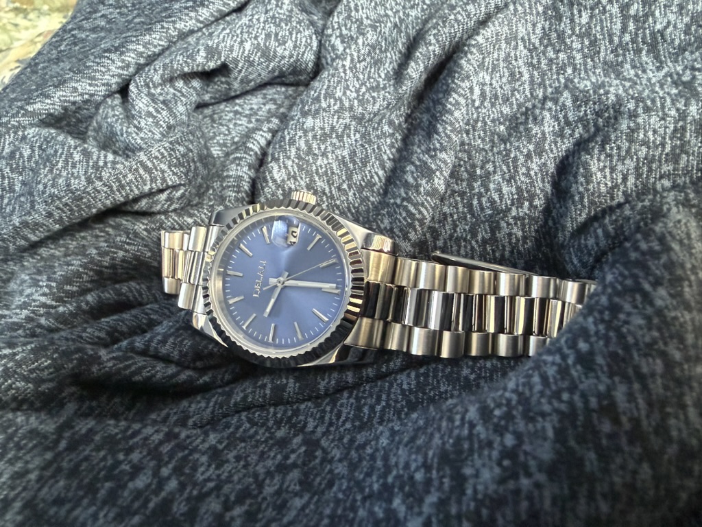 Blue Sunburst Dial Homage — dial close-up, alternate angle