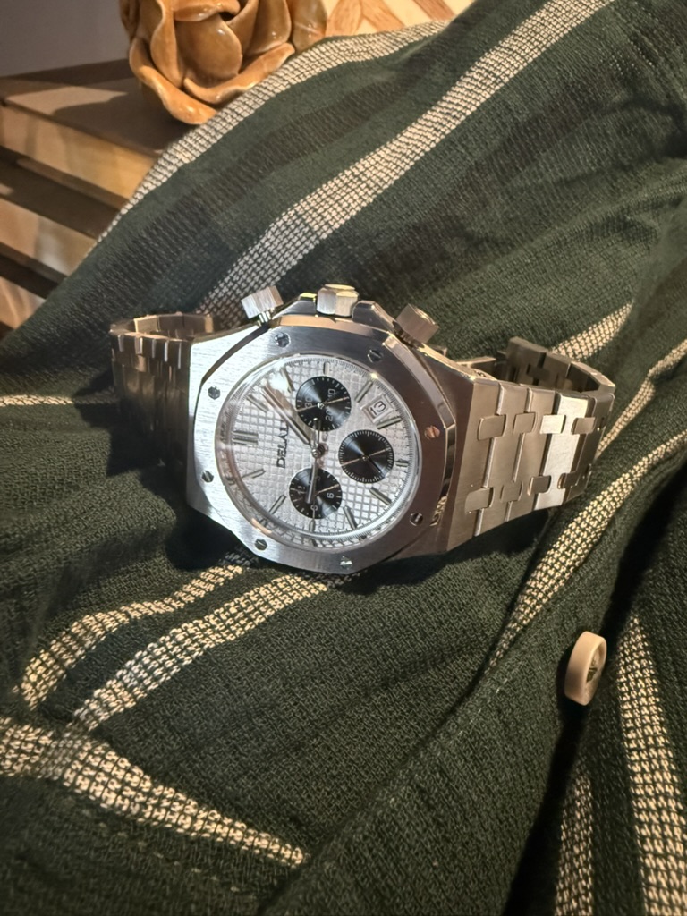 Silver Panda Chronograph Homage — dial close-up on a plaid blanket