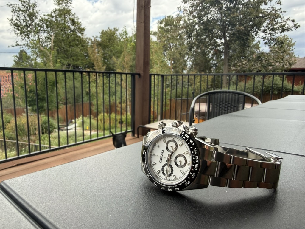 Panda Daytona Homage — resting on an outdoor table with a deck and trees behind it